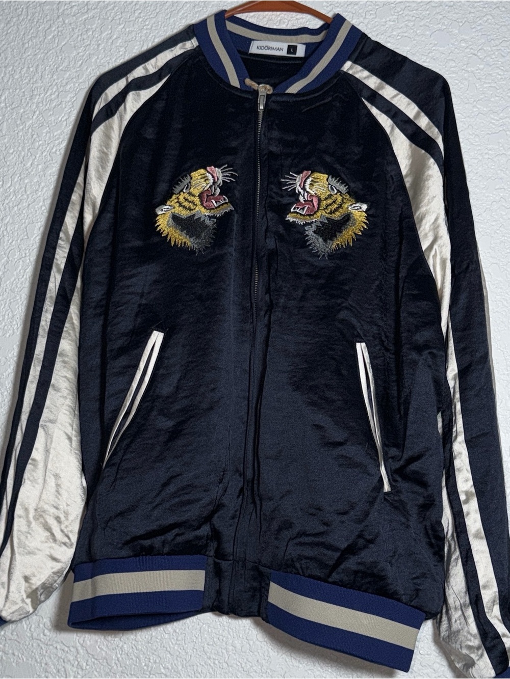 Black Satin Tiger Embroidered Bomber Jacket